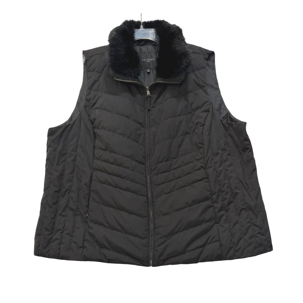 Talbots Plus Womens Black Quilted Down‎ Vest Removable Faux Fur Collar 3X VN5267